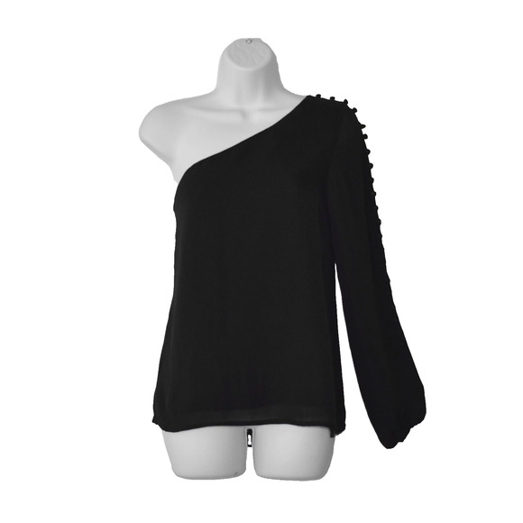 A5 Auth CAMI Black Silk Cascade Down Buttons Long Sleeve One Shoulder Top Size S - Picture 1 of 4